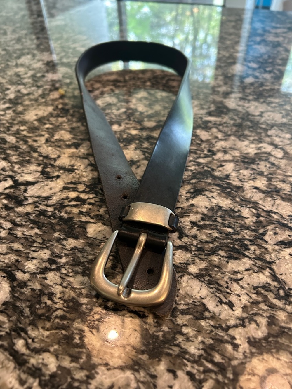 Women's Black Leather Belt with Brushed Silver Buckle